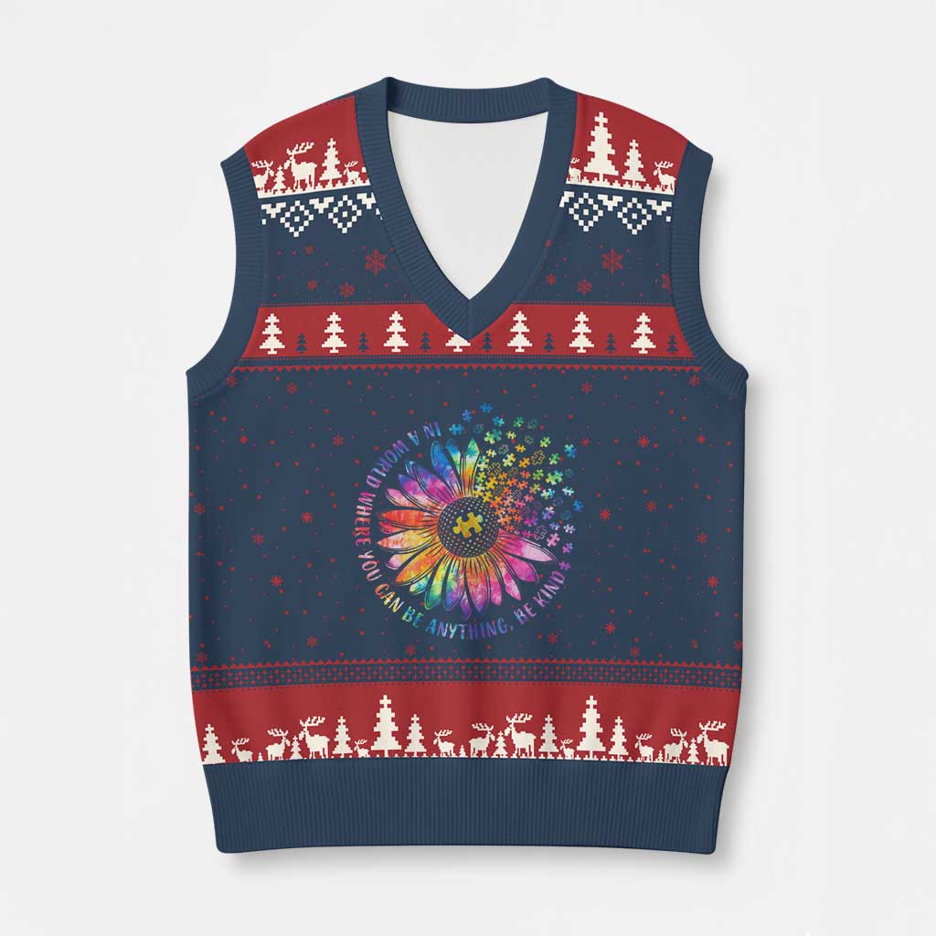 Be Kind Autism Awareness V-Neck Knit Sweater Vest Kindness Sunflower Tie Dye Puzzle TS02 Navy Red Print Your Wear