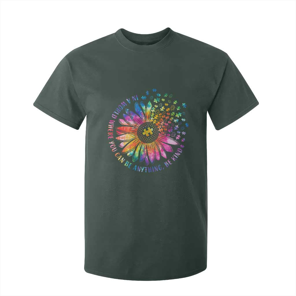Be Kind Autism Awareness T Shirt For Kid Kindness Sunflower Tie Dye Puzzle TS02 Dark Forest Green Print Your Wear