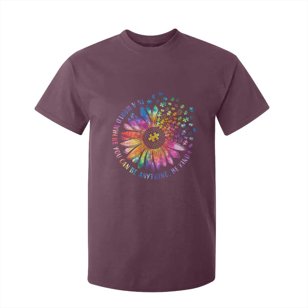 Be Kind Autism Awareness T Shirt For Kid Kindness Sunflower Tie Dye Puzzle TS02 Maroon Print Your Wear