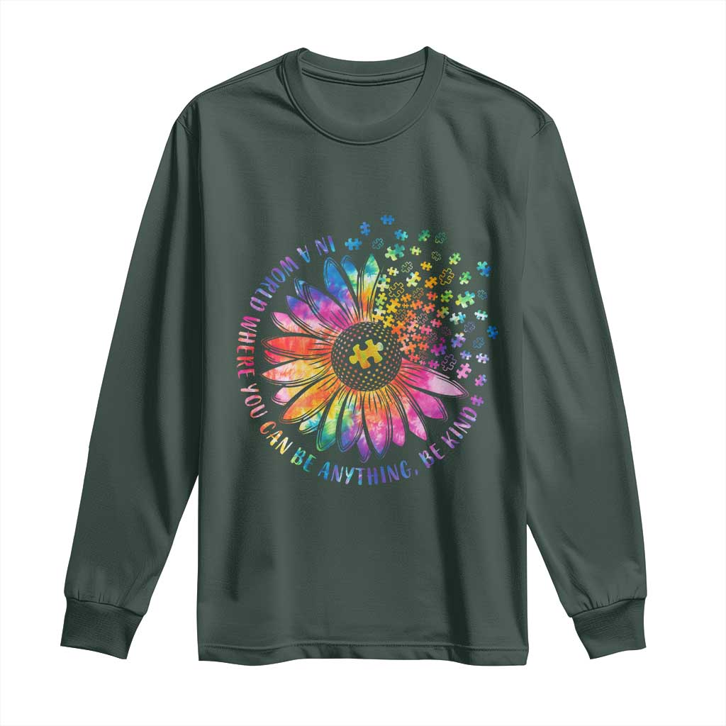 Be Kind Autism Awareness Long Sleeve Shirt Kindness Sunflower Tie Dye Puzzle TS02 Dark Forest Green Print Your Wear