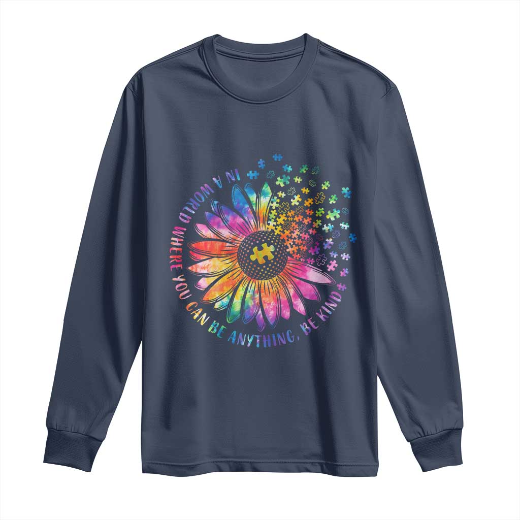 Be Kind Autism Awareness Long Sleeve Shirt Kindness Sunflower Tie Dye Puzzle TS02 Navy Print Your Wear