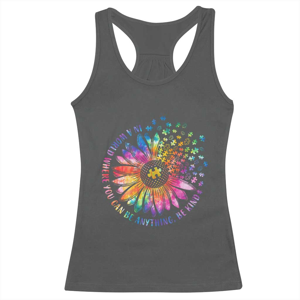 Be Kind Autism Awareness Racerback Tank Top Kindness Sunflower Tie Dye Puzzle TS02 Dark Heather Print Your Wear
