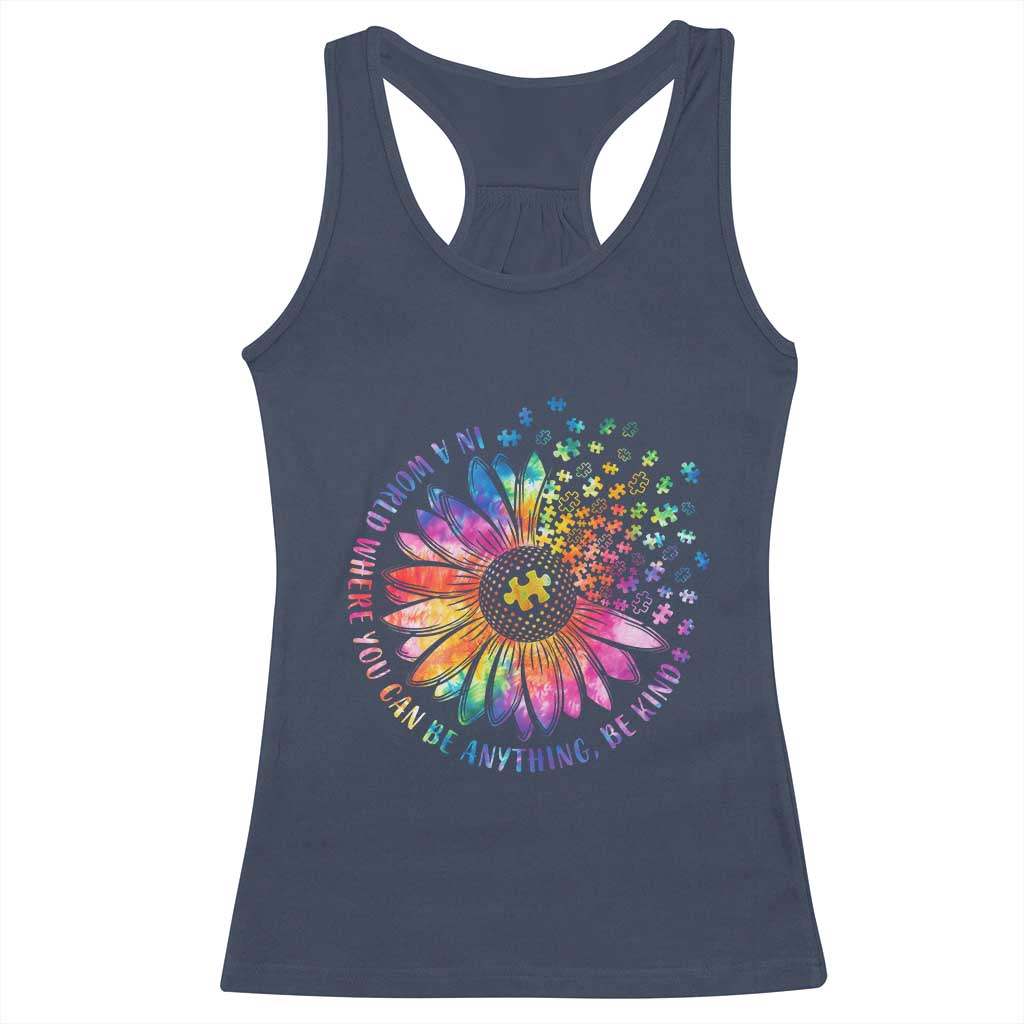 Be Kind Autism Awareness Racerback Tank Top Kindness Sunflower Tie Dye Puzzle TS02 Navy Print Your Wear