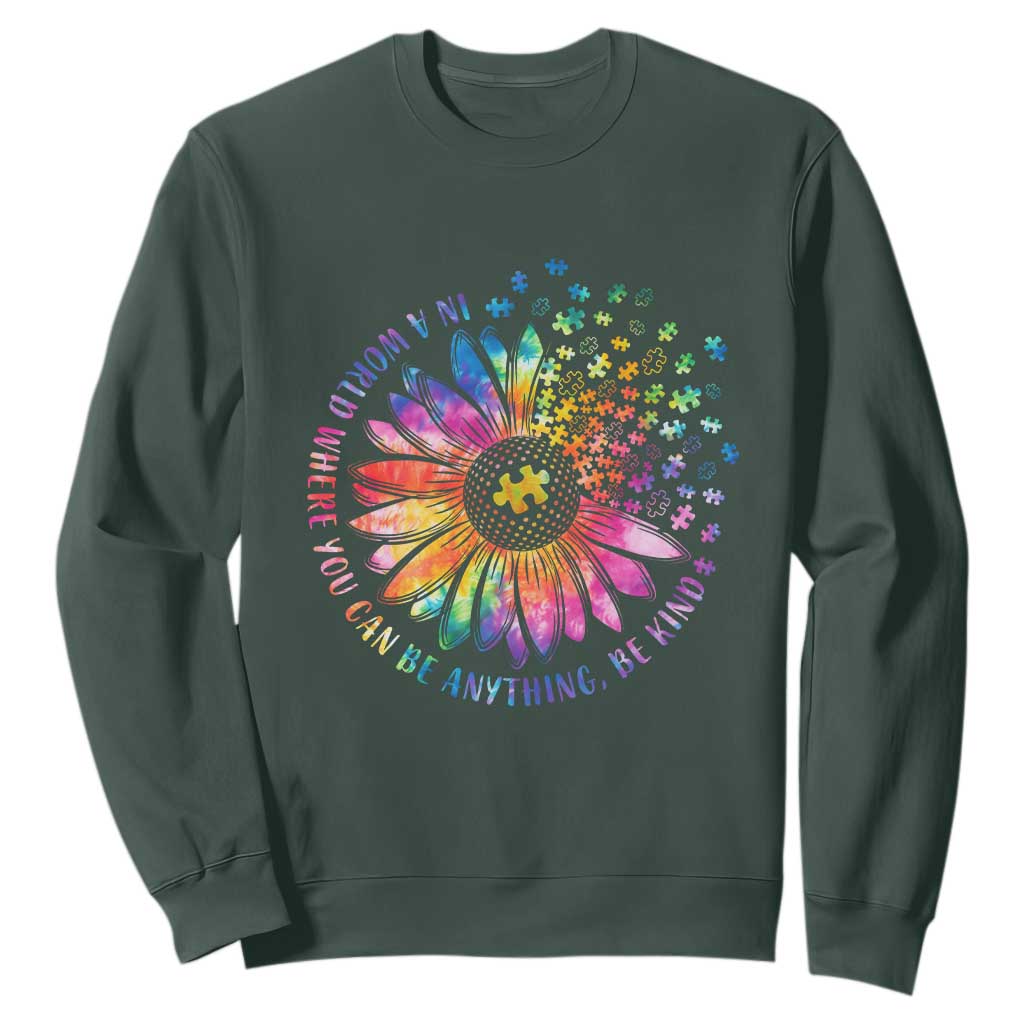 Be Kind Autism Awareness Sweatshirt Kindness Sunflower Tie Dye Puzzle TS02 Dark Forest Green Print Your Wear