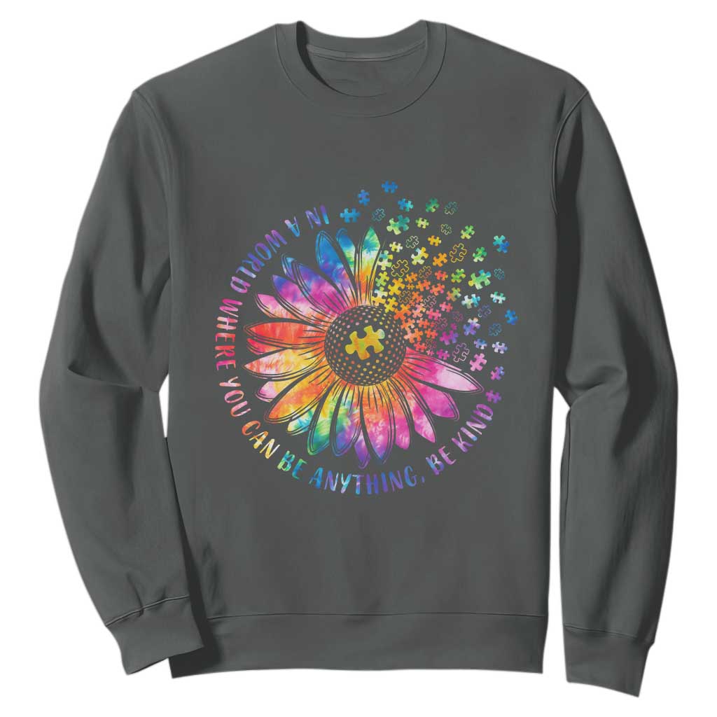 Be Kind Autism Awareness Sweatshirt Kindness Sunflower Tie Dye Puzzle TS02 Dark Heather Print Your Wear
