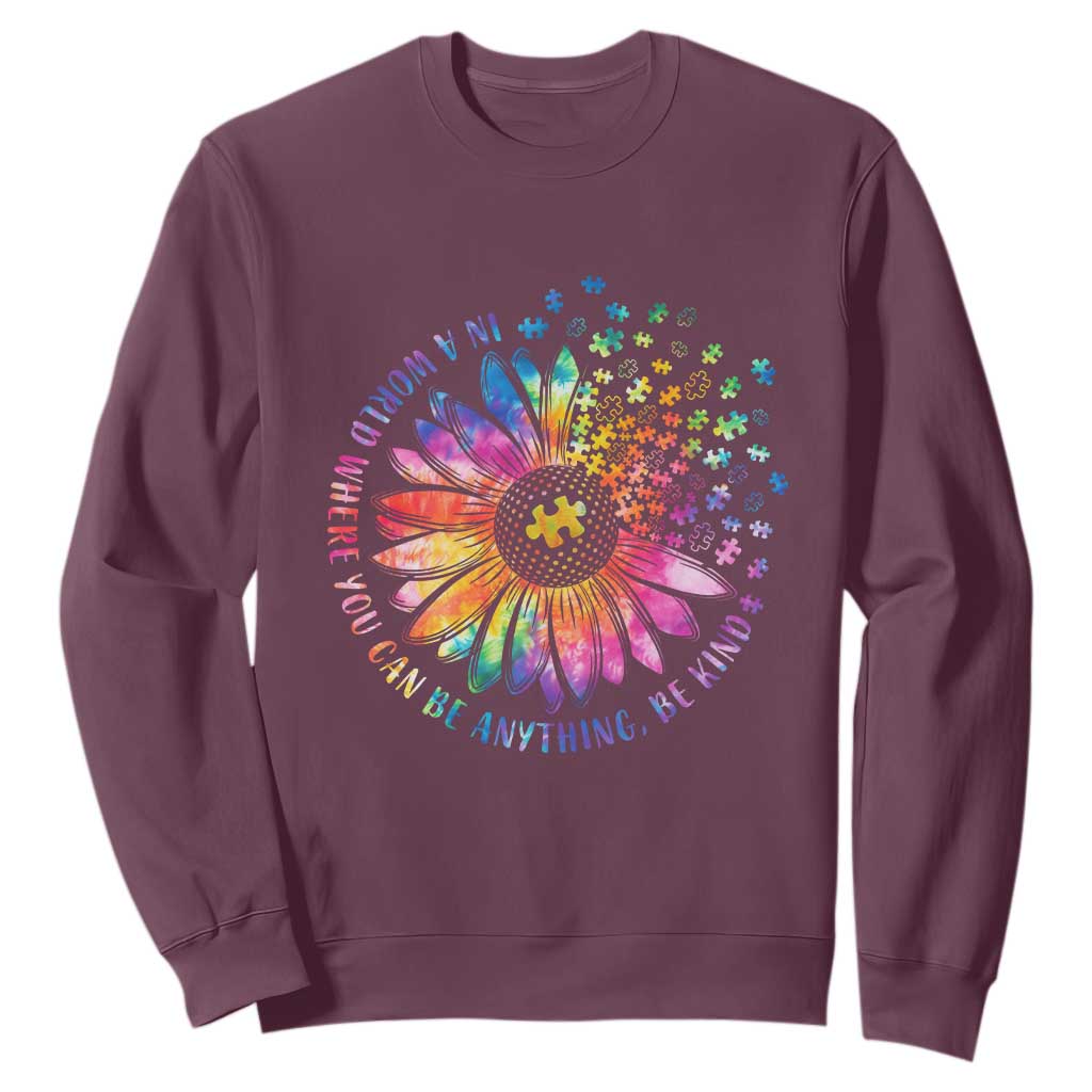 Be Kind Autism Awareness Sweatshirt Kindness Sunflower Tie Dye Puzzle TS02 Maroon Print Your Wear