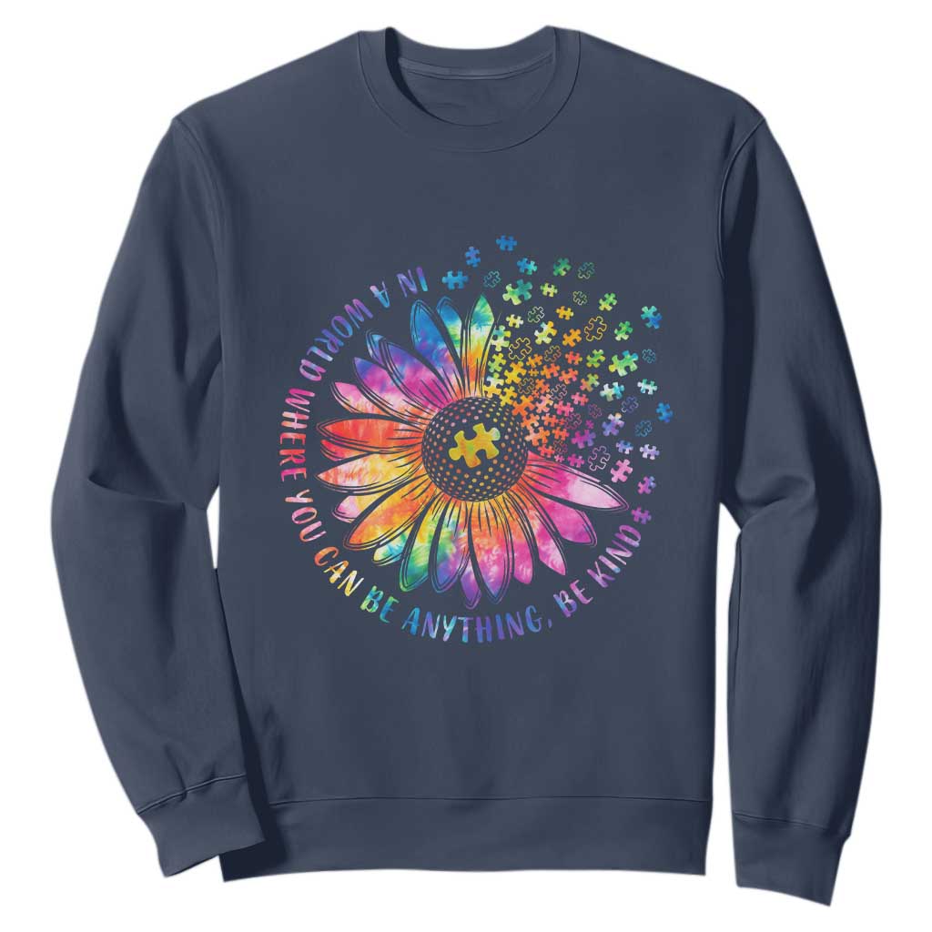Be Kind Autism Awareness Sweatshirt Kindness Sunflower Tie Dye Puzzle TS02 Navy Print Your Wear