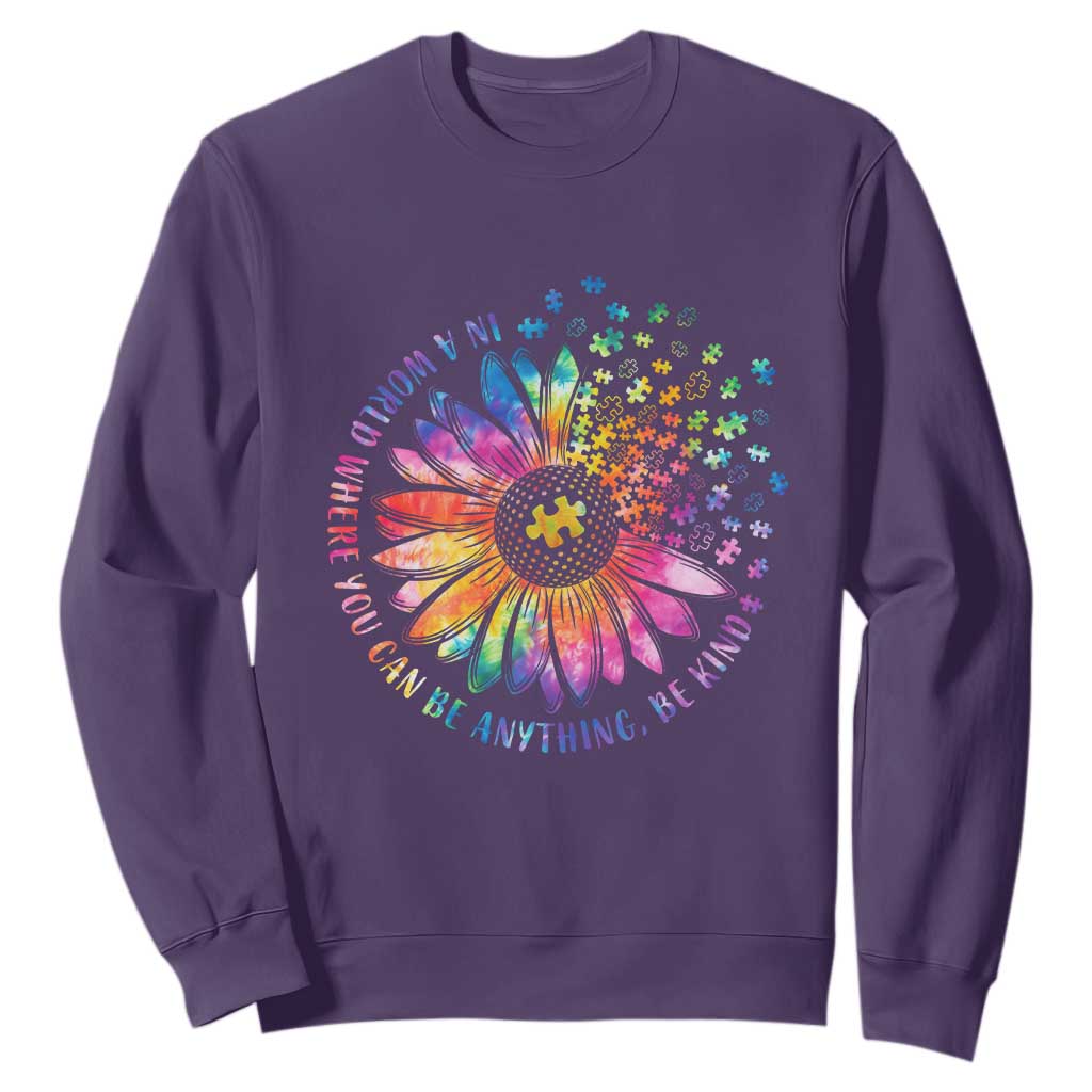 Be Kind Autism Awareness Sweatshirt Kindness Sunflower Tie Dye Puzzle TS02 Purple Print Your Wear