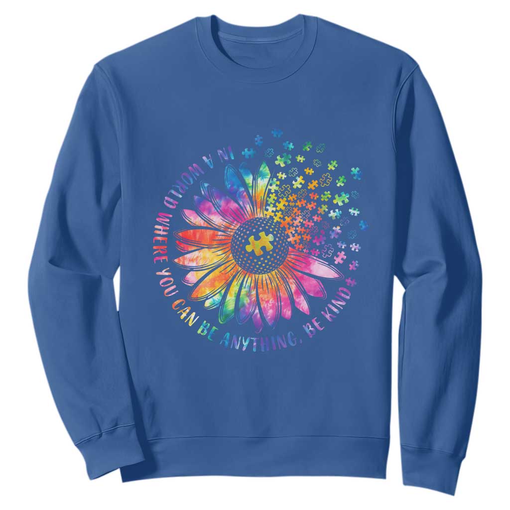 Be Kind Autism Awareness Sweatshirt Kindness Sunflower Tie Dye Puzzle TS02 Royal Blue Print Your Wear