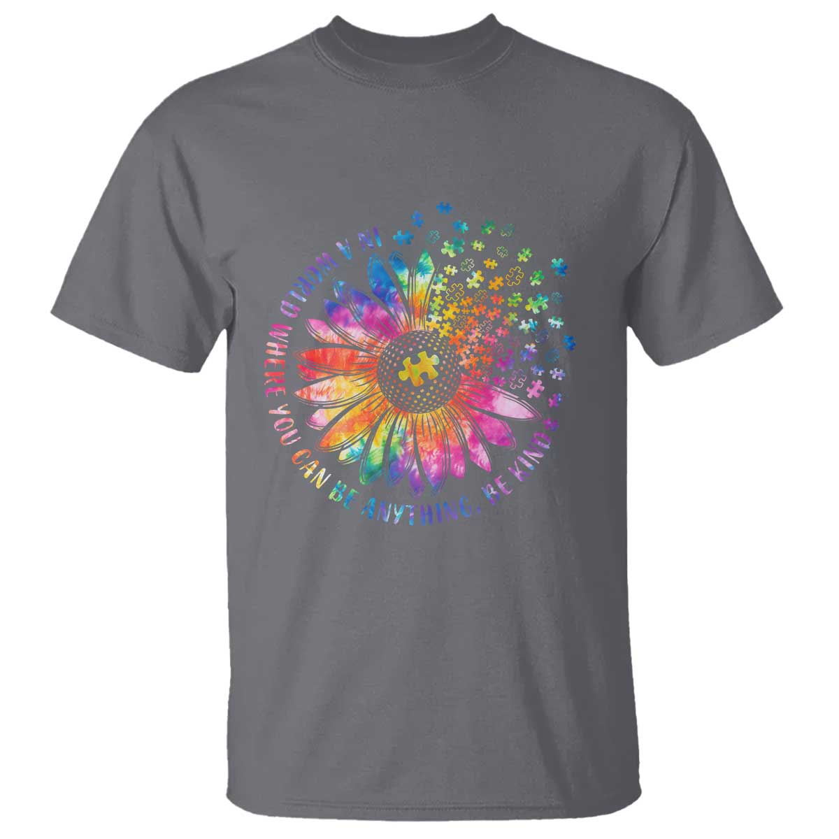 Be Kind Autism Awareness T Shirt Kindness Sunflower Tie Dye Puzzle TS02 Charcoal Print Your Wear