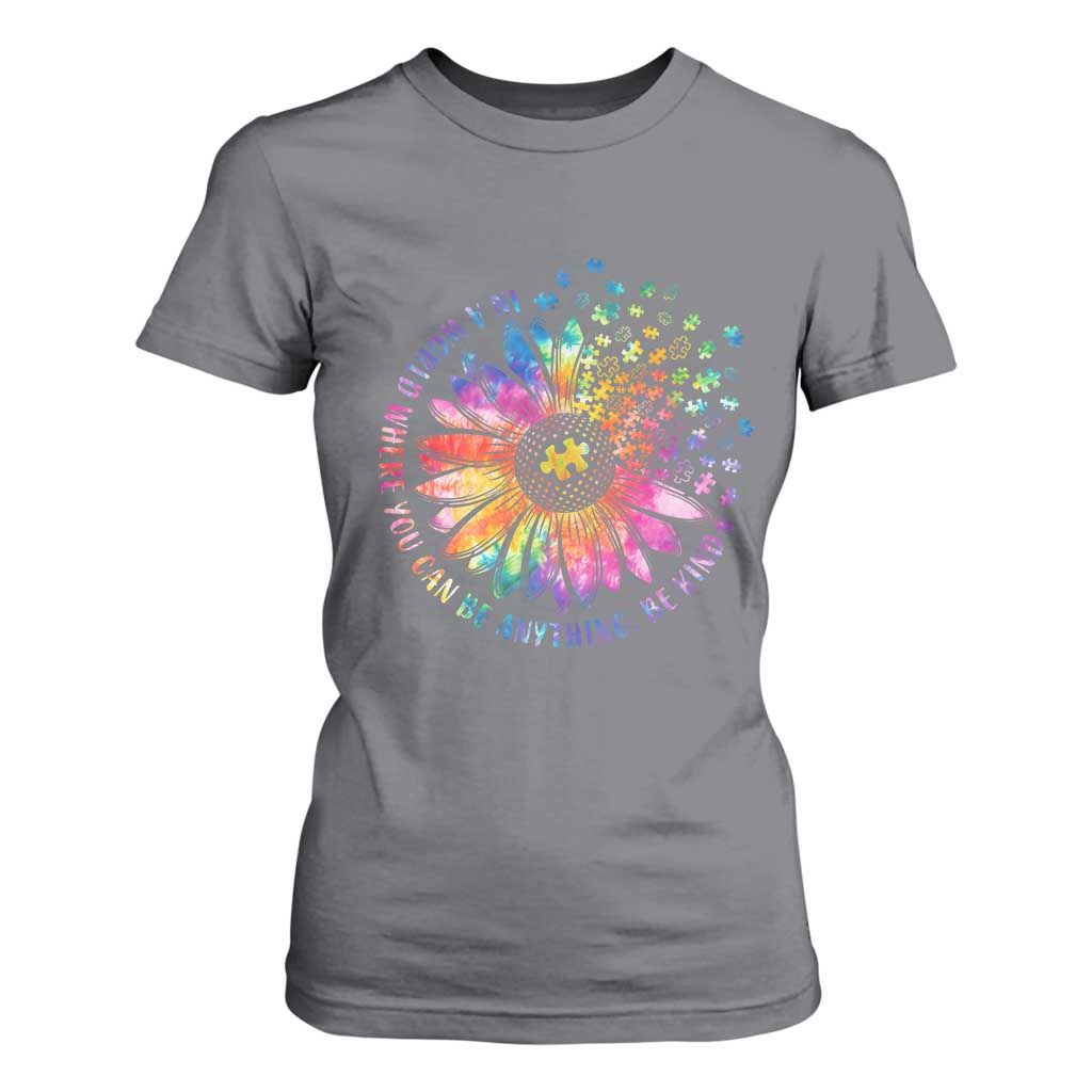 Be Kind Autism Awareness T Shirt For Women Kindness Sunflower Tie Dye Puzzle TS02 Charcoal Print Your Wear
