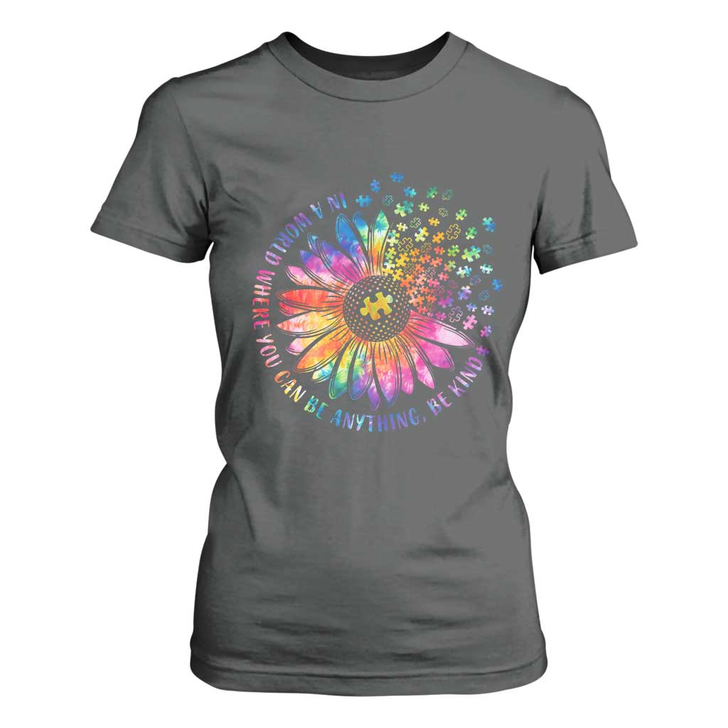 Be Kind Autism Awareness T Shirt For Women Kindness Sunflower Tie Dye Puzzle TS02 Dark Heather Print Your Wear