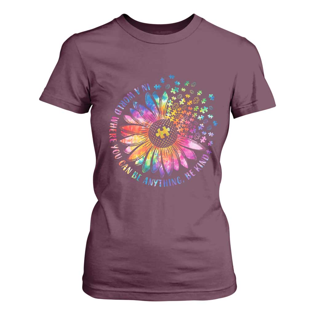 Be Kind Autism Awareness T Shirt For Women Kindness Sunflower Tie Dye Puzzle TS02 Maroon Print Your Wear