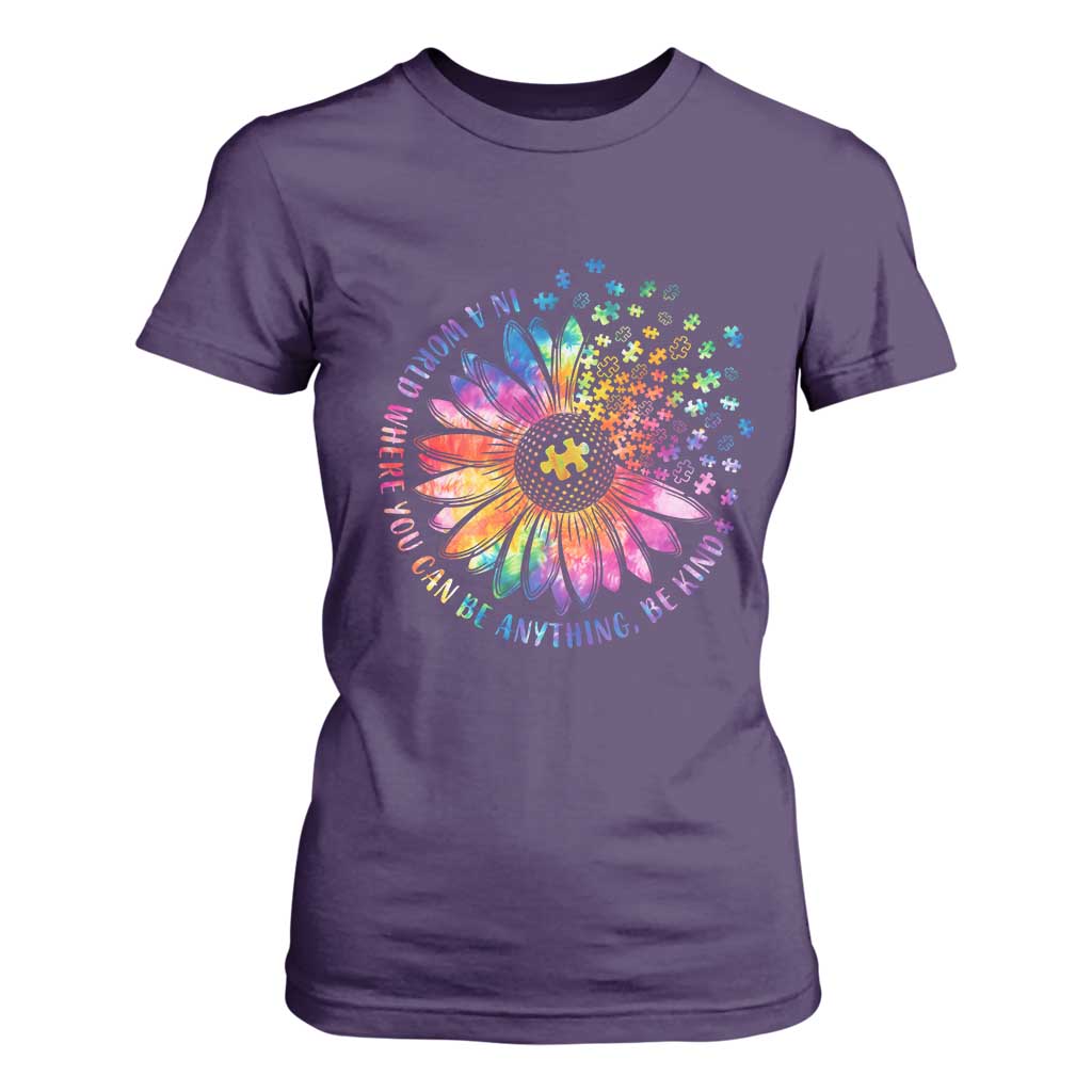 Be Kind Autism Awareness T Shirt For Women Kindness Sunflower Tie Dye Puzzle TS02 Purple Print Your Wear