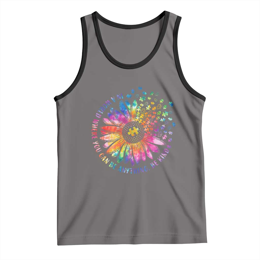 Be Kind Autism Awareness Tank Top Kindness Sunflower Tie Dye Puzzle TS02 Deep Heather Black Print Your Wear