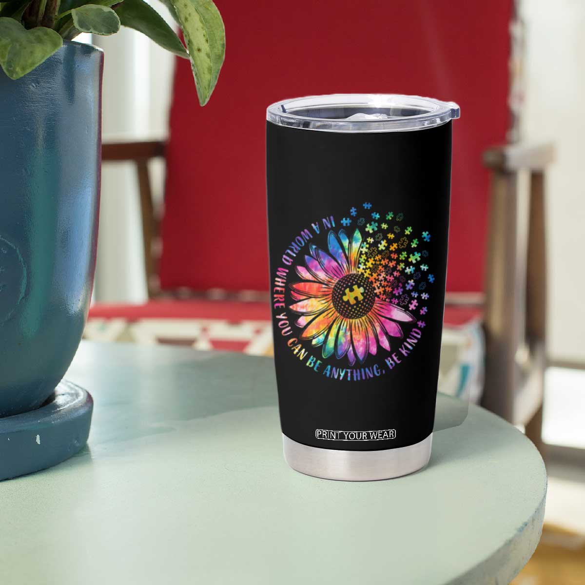 Be Kind Autism Awareness Tumbler Cup Kindness Sunflower Tie Dye Puzzle TS02 Print Your Wear