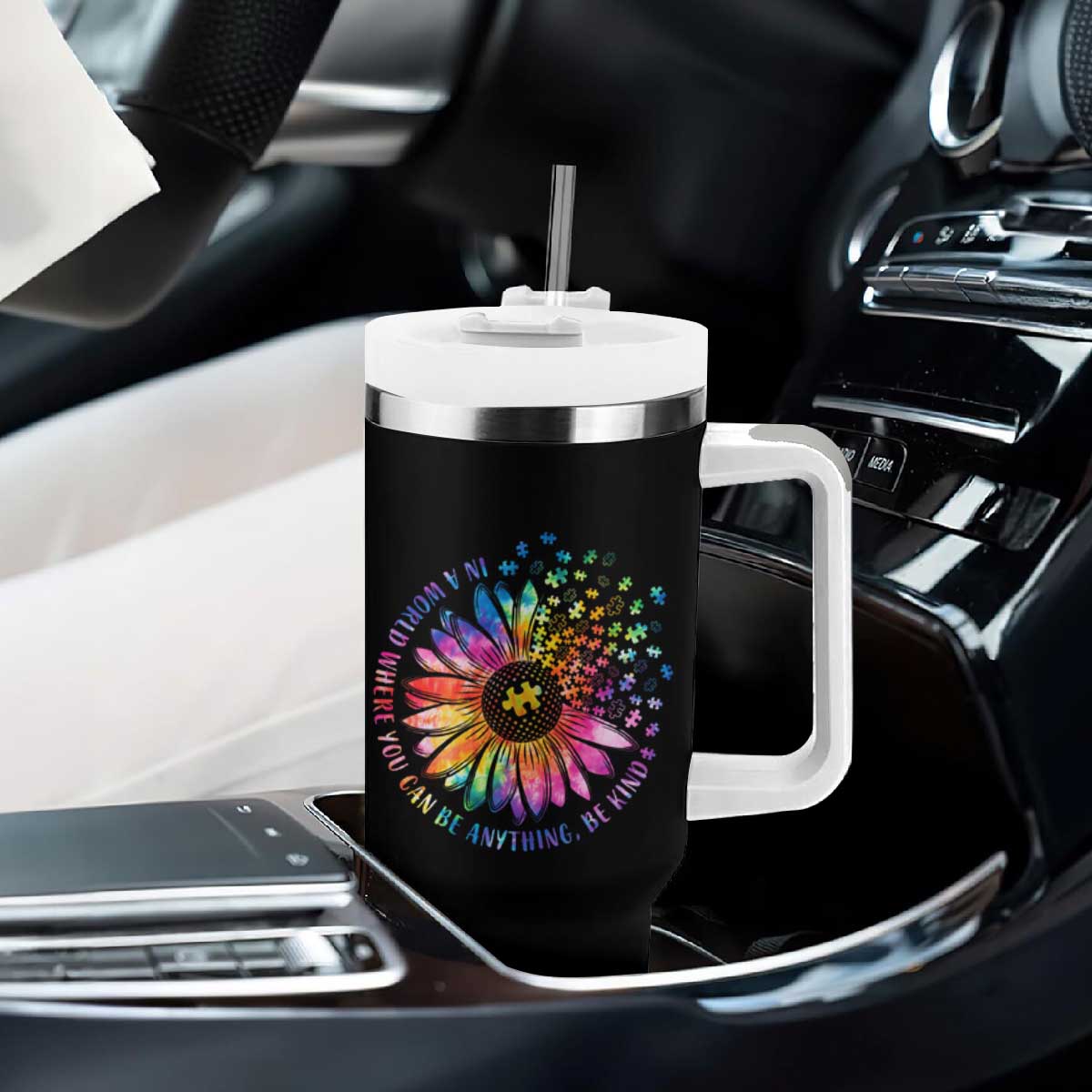 Be Kind Autism Awareness Tumbler With Handle Kindness Sunflower Tie Dye Puzzle TS02 Print Your Wear