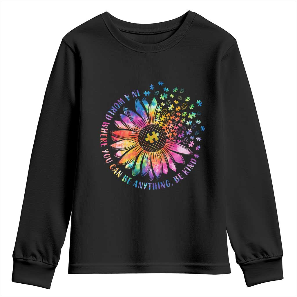 Be Kind Autism Awareness Youth Sweatshirt Kindness Sunflower Tie Dye Puzzle TS02 Black Print Your Wear