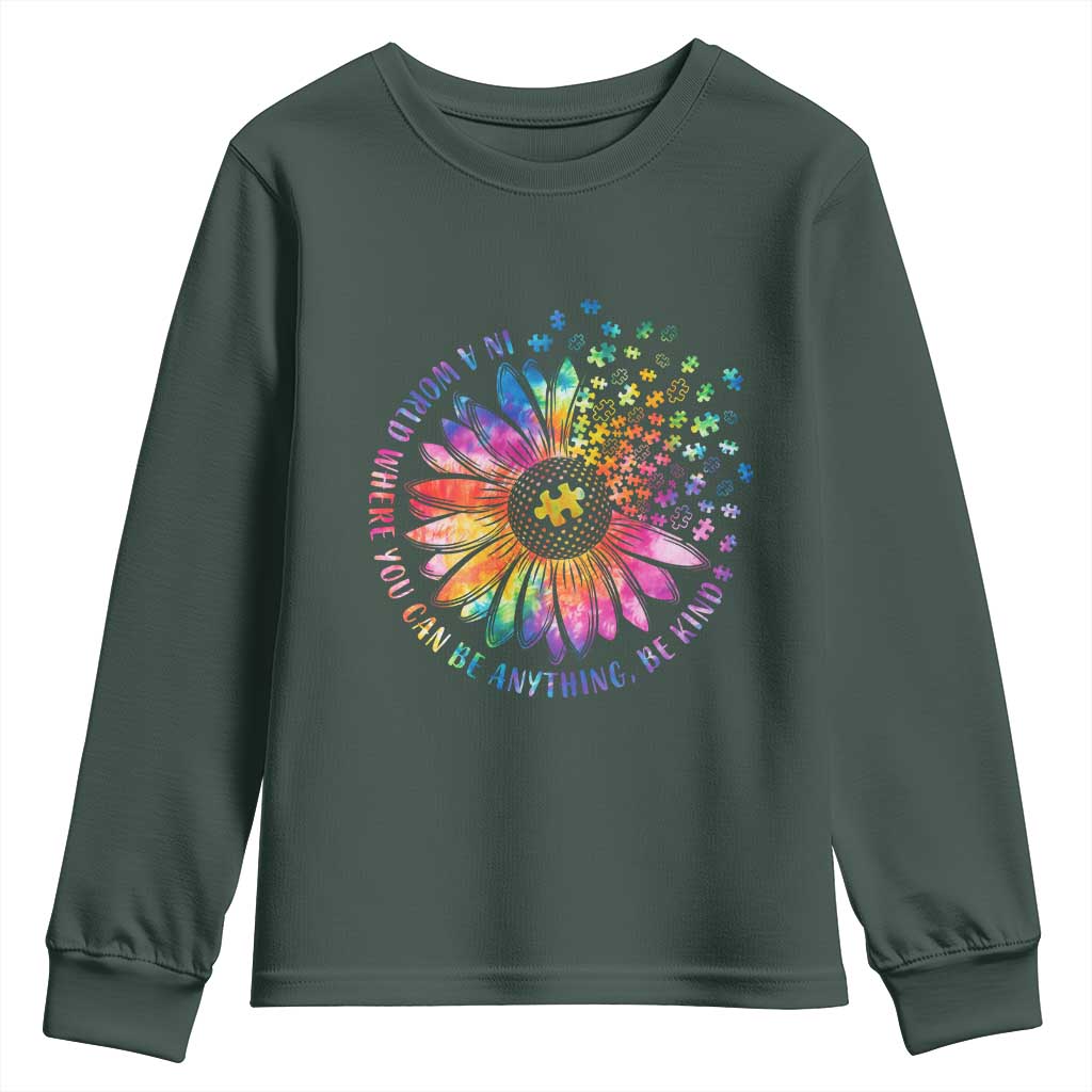 Be Kind Autism Awareness Youth Sweatshirt Kindness Sunflower Tie Dye Puzzle TS02 Dark Forest Green Print Your Wear