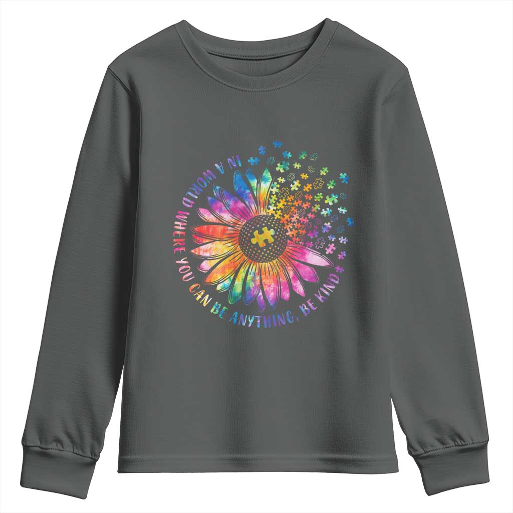 Be Kind Autism Awareness Youth Sweatshirt Kindness Sunflower Tie Dye Puzzle TS02 Dark Heather Print Your Wear