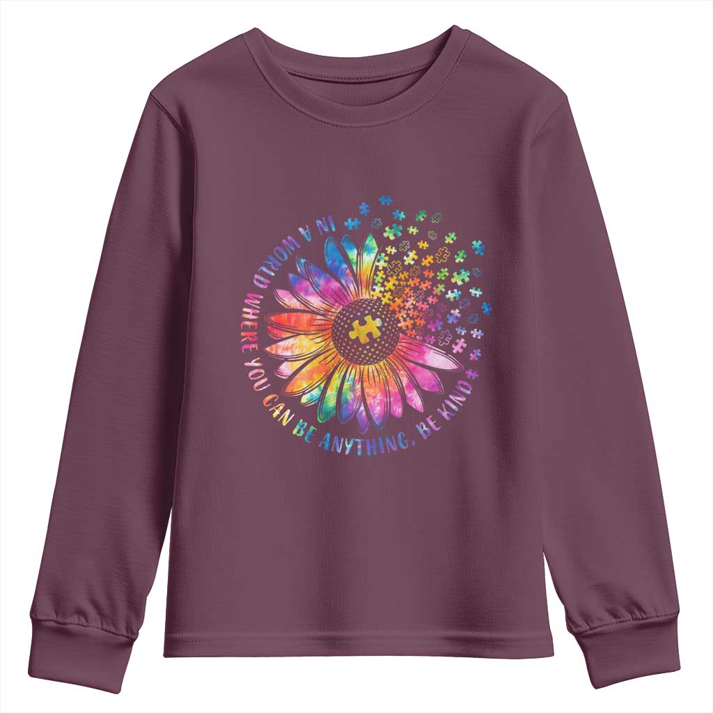 Be Kind Autism Awareness Youth Sweatshirt Kindness Sunflower Tie Dye Puzzle TS02 Maroon Print Your Wear