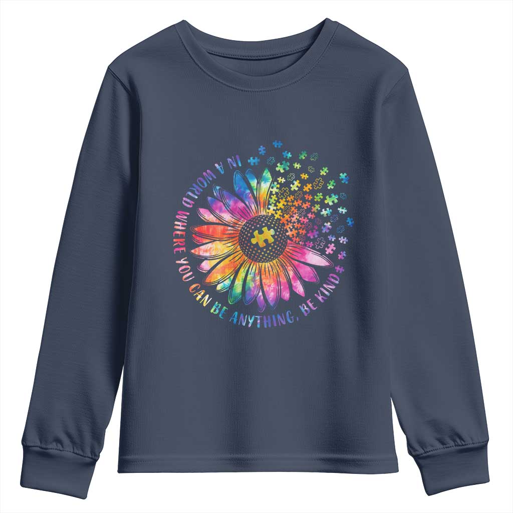 Be Kind Autism Awareness Youth Sweatshirt Kindness Sunflower Tie Dye Puzzle TS02 Navy Print Your Wear