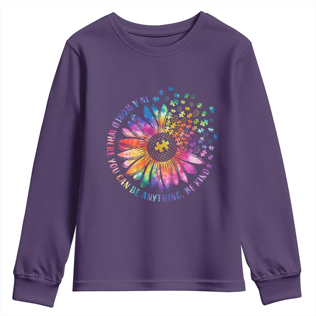 Be Kind Autism Awareness Youth Sweatshirt Kindness Sunflower Tie Dye Puzzle TS02 Purple Print Your Wear