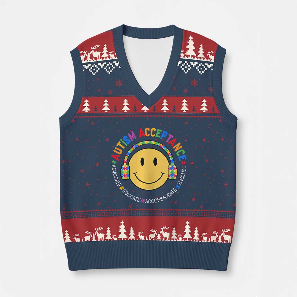 Autism Awareness Acceptance V-Neck Knit Sweater Vest Special Education Teacher Kids TS02 Navy Red Print Your Wear