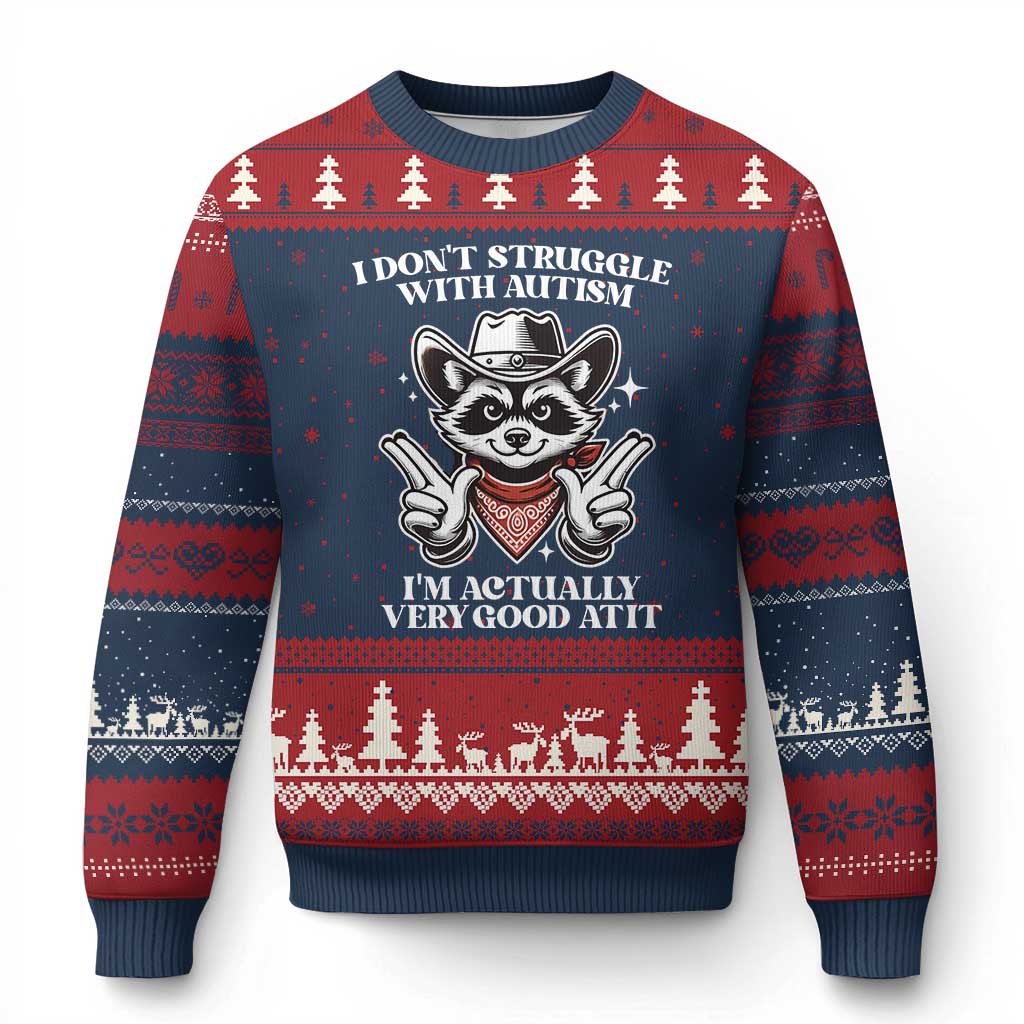 Funny Autistic Raccoon Ugly Christmas Sweater I Don't Struggle With Autism TS02 Navy Red Print Your Wear