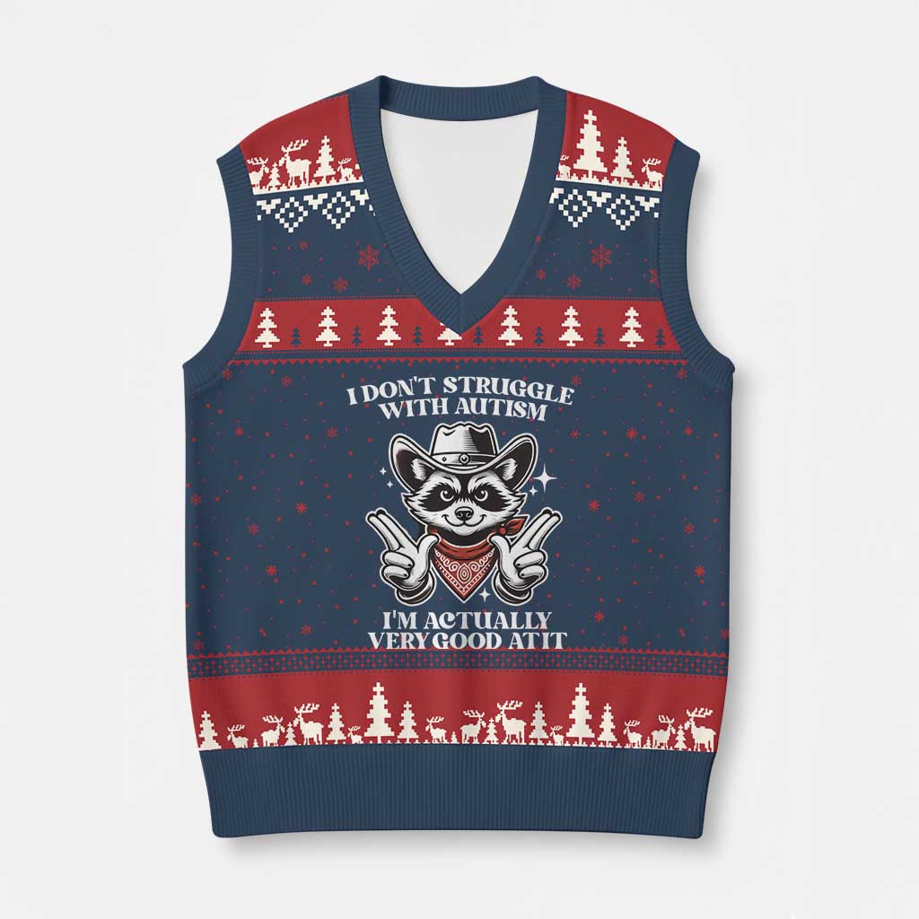 Funny Autistic Raccoon V-Neck Knit Sweater Vest I Don't Struggle With Autism TS02 Navy Red Print Your Wear