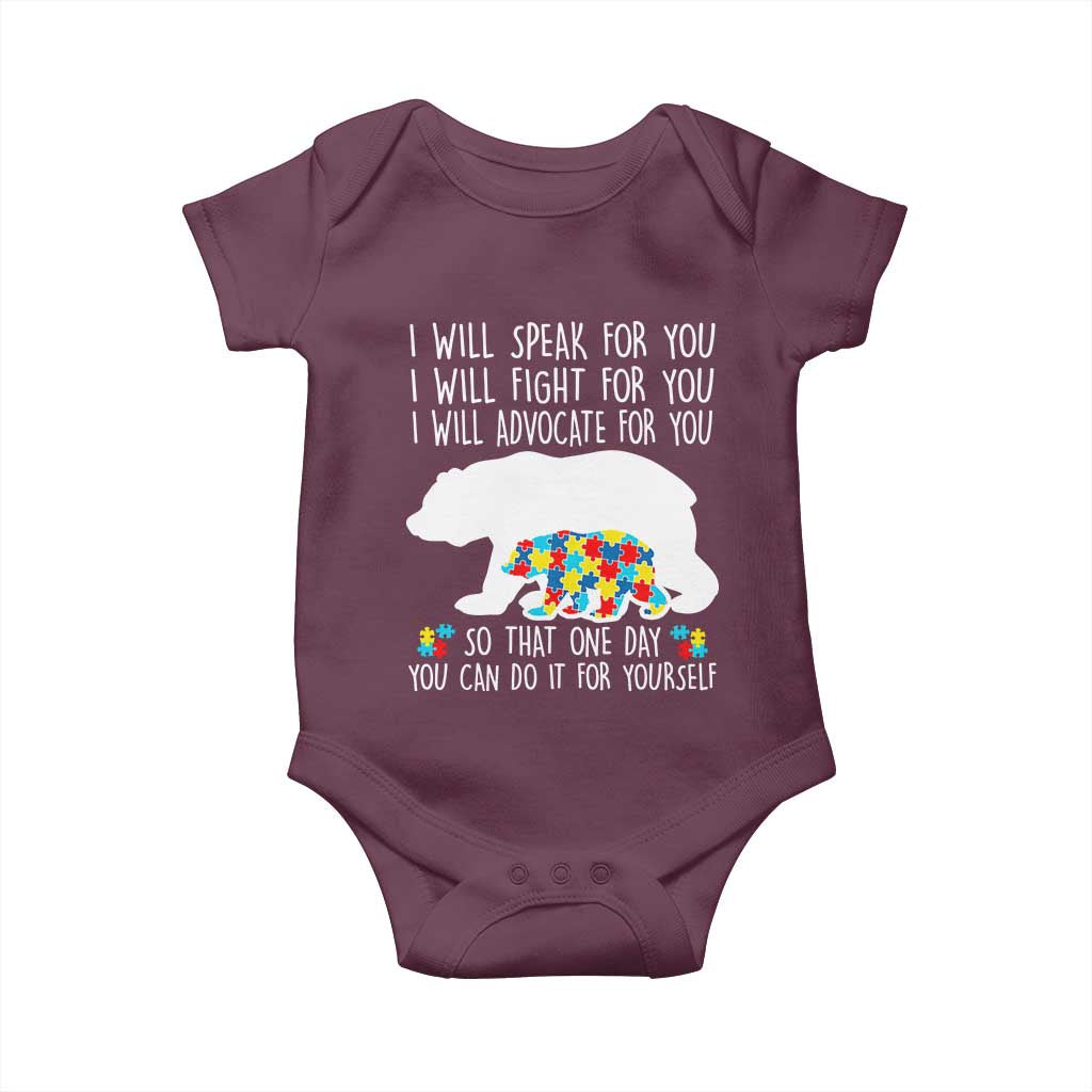 Autism Mama Bear Baby Onesie I Will Speak Fight Advocate For You TS02 Maroon Print Your Wear