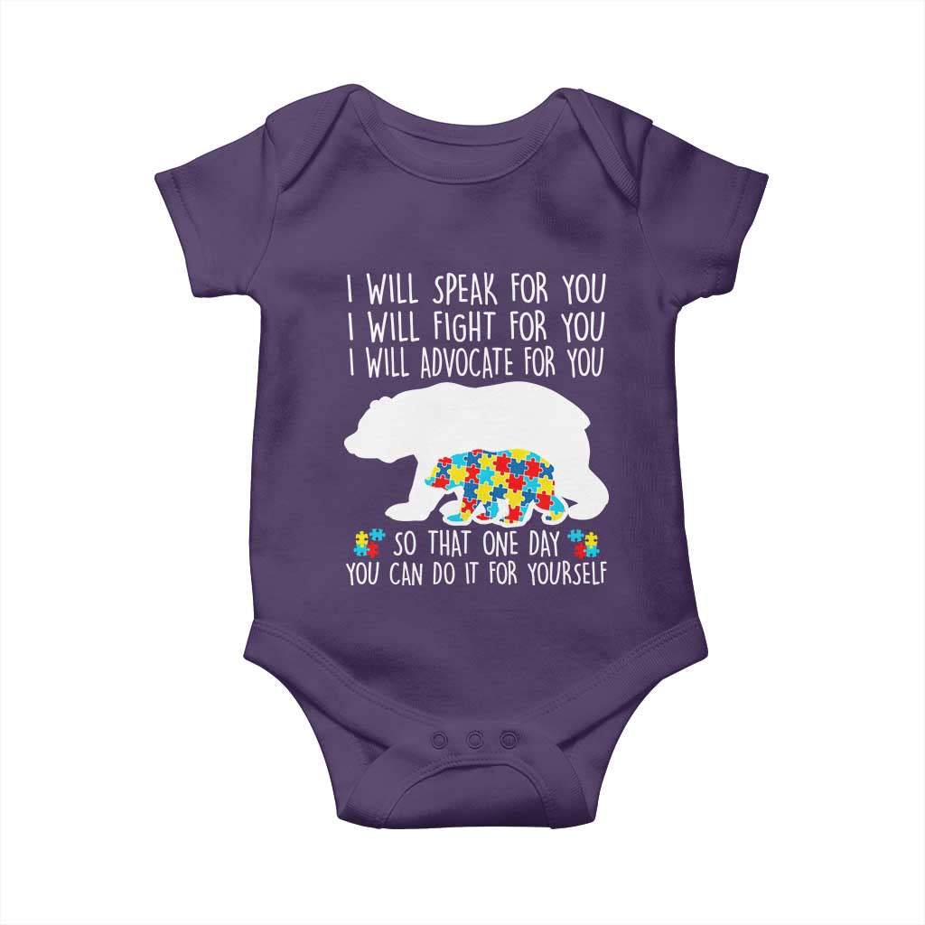 Autism Mama Bear Baby Onesie I Will Speak Fight Advocate For You TS02 Purple Print Your Wear
