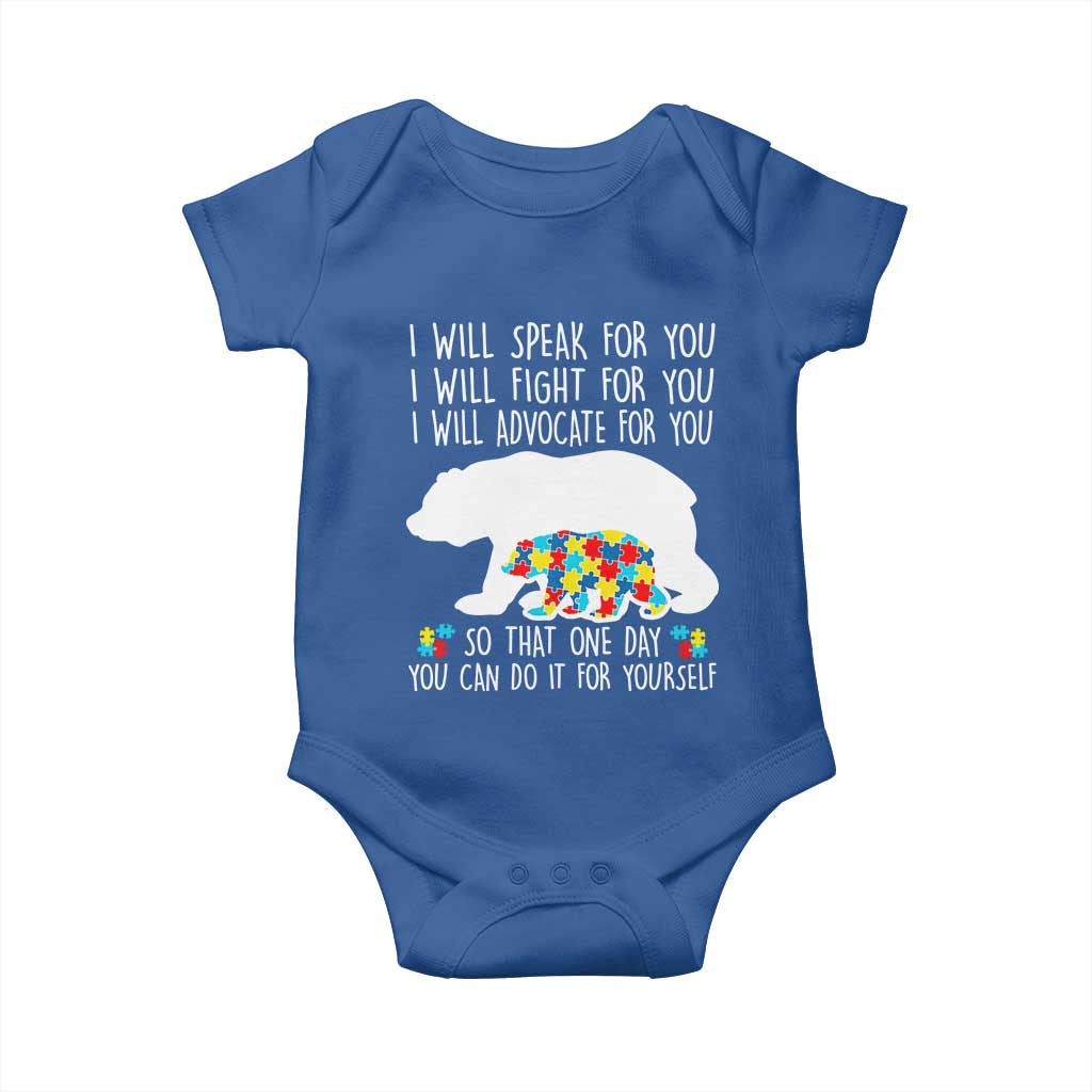 Autism Mama Bear Baby Onesie I Will Speak Fight Advocate For You TS02 Royal Blue Print Your Wear