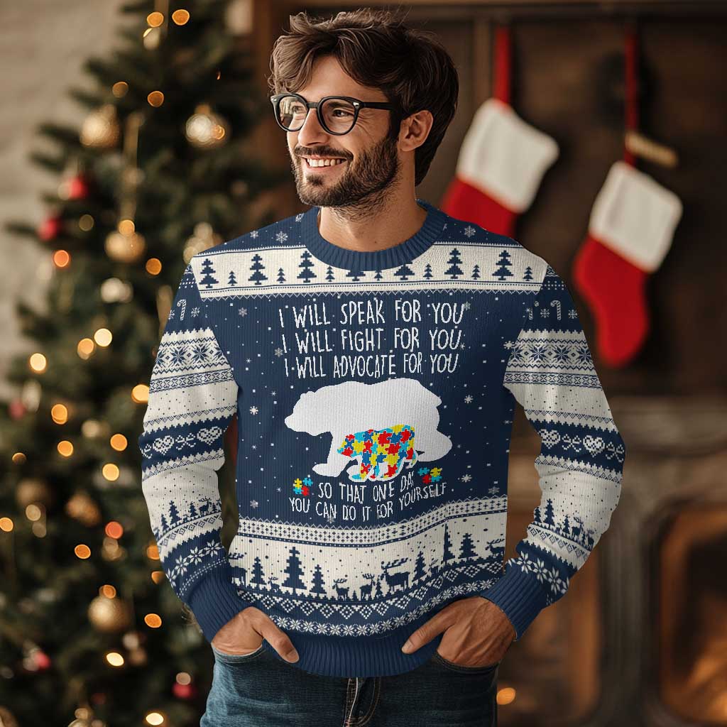 Autism Mama Bear Ugly Christmas Sweater I Will Speak Fight Advocate For You TS02 Navy Beige Print Your Wear