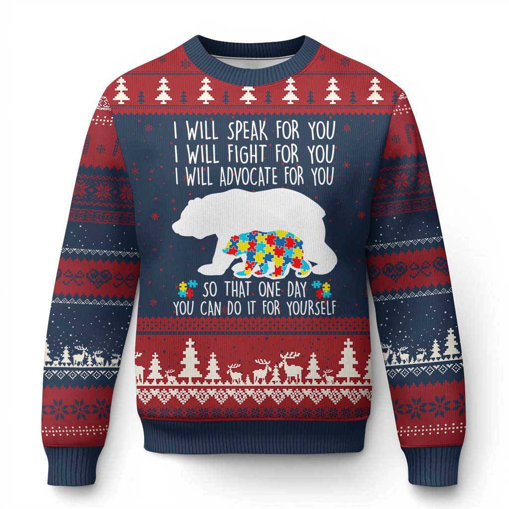 Autism Mama Bear Ugly Christmas Sweater I Will Speak Fight Advocate For You TS02 Navy Red Print Your Wear