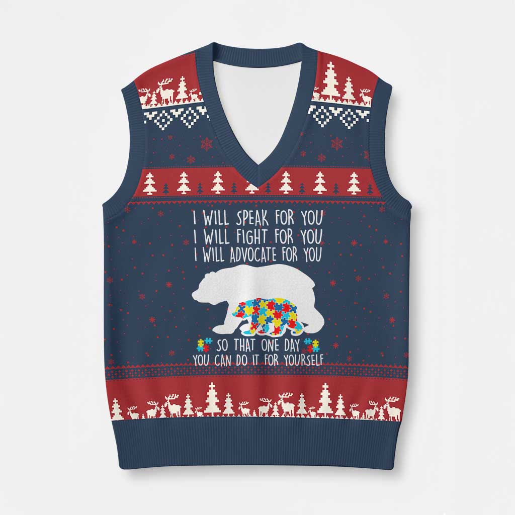 Autism Mama Bear V-Neck Knit Sweater Vest I Will Speak Fight Advocate For You TS02 Navy Red Print Your Wear