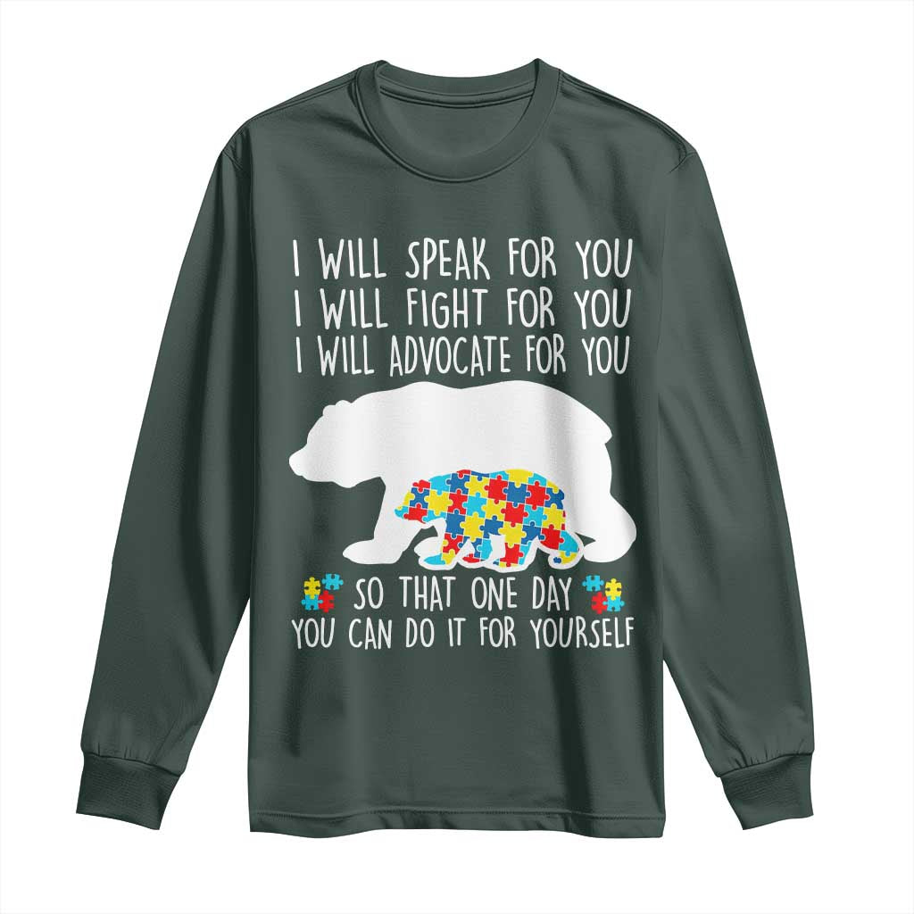 Autism Mama Bear Long Sleeve Shirt I Will Speak Fight Advocate For You TS02 Dark Forest Green Print Your Wear