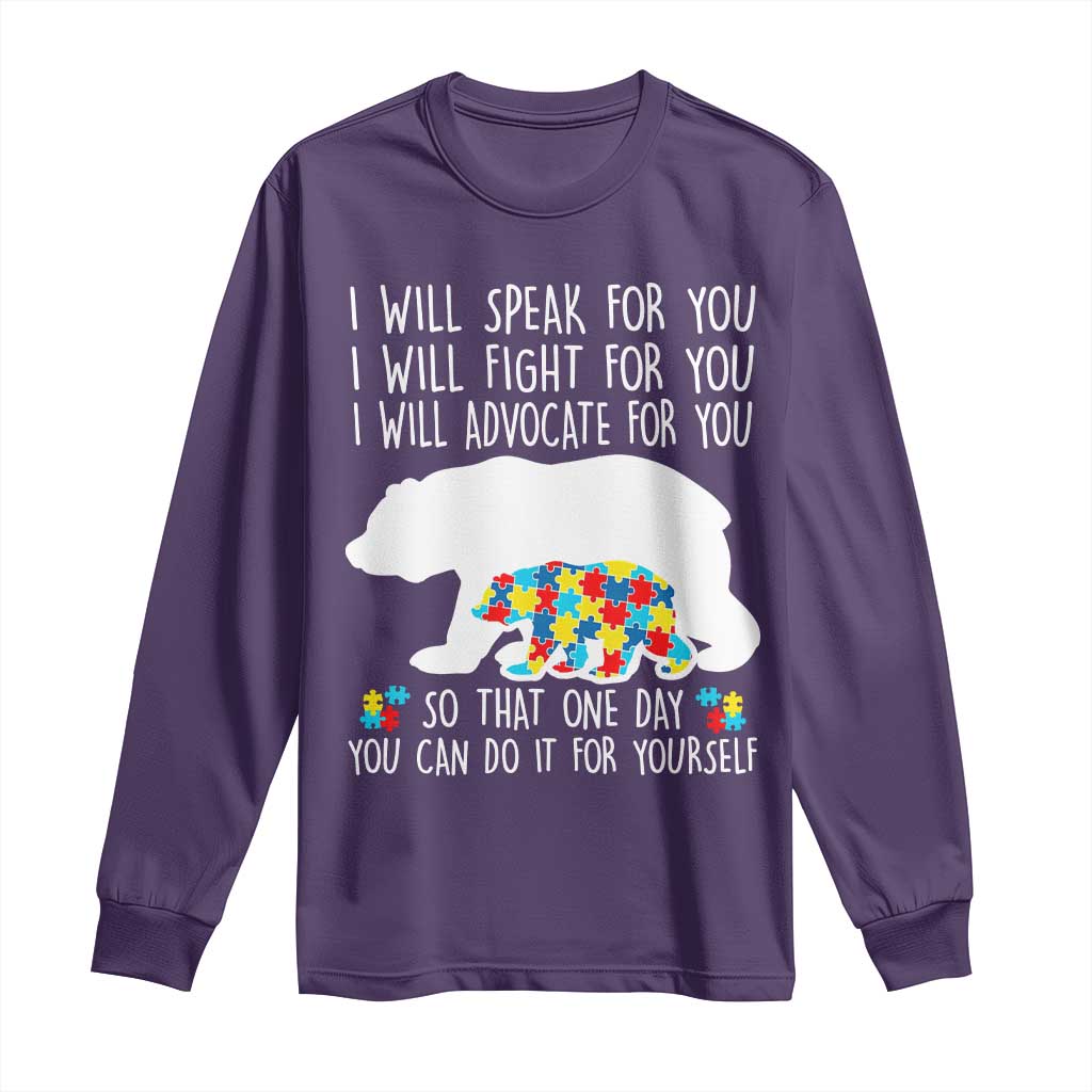 Autism Mama Bear Long Sleeve Shirt I Will Speak Fight Advocate For You TS02 Purple Print Your Wear