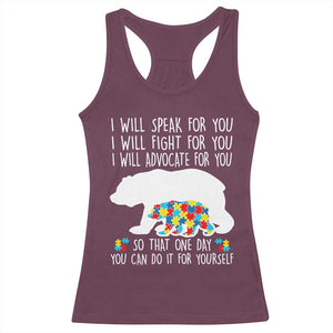 Autism Mama Bear Racerback Tank Top I Will Speak Fight Advocate For You TS02 Maroon Print Your Wear