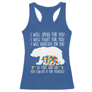 Autism Mama Bear Racerback Tank Top I Will Speak Fight Advocate For You TS02 Royal Blue Print Your Wear