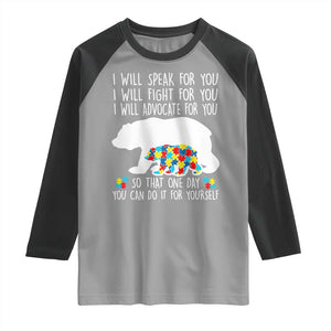 Autism Mama Bear Raglan Shirt I Will Speak Fight Advocate For You TS02 Sport Gray Black Print Your Wear