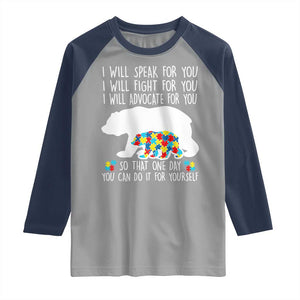 Autism Mama Bear Raglan Shirt I Will Speak Fight Advocate For You TS02 Sport Gray Navy Print Your Wear