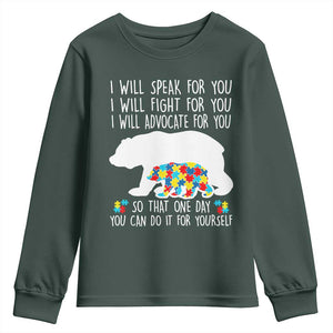 Autism Mama Bear Youth Sweatshirt I Will Speak Fight Advocate For You TS02 Dark Forest Green Print Your Wear