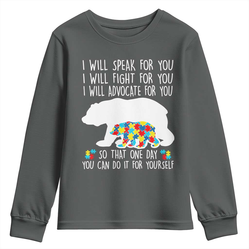 Autism Mama Bear Youth Sweatshirt I Will Speak Fight Advocate For You TS02 Dark Heather Print Your Wear