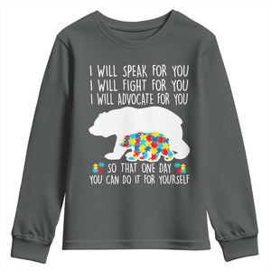 Autism Mama Bear Youth Sweatshirt I Will Speak Fight Advocate For You TS02 Dark Heather Print Your Wear