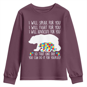 Autism Mama Bear Youth Sweatshirt I Will Speak Fight Advocate For You TS02 Maroon Print Your Wear