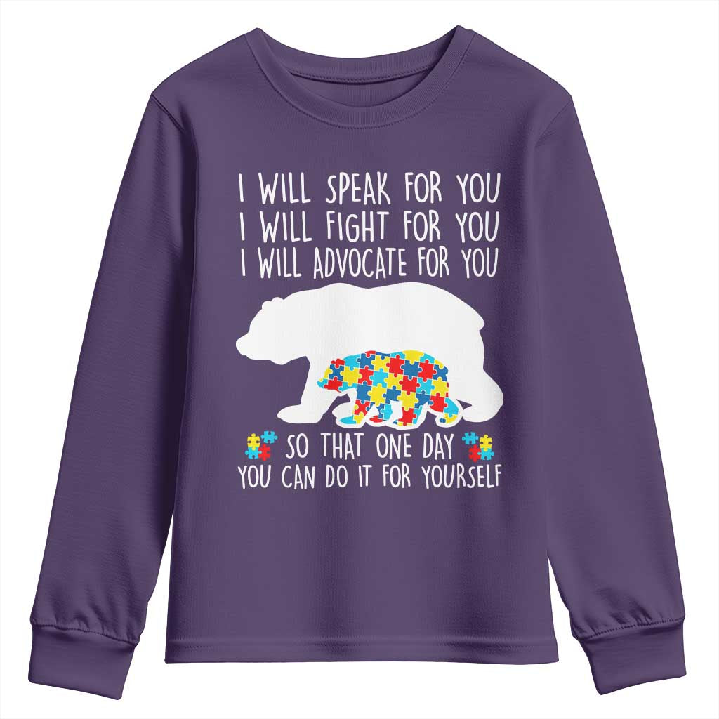 Autism Mama Bear Youth Sweatshirt I Will Speak Fight Advocate For You TS02 Purple Print Your Wear
