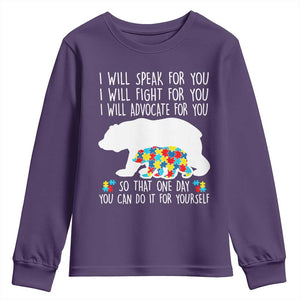 Autism Mama Bear Youth Sweatshirt I Will Speak Fight Advocate For You TS02 Purple Print Your Wear