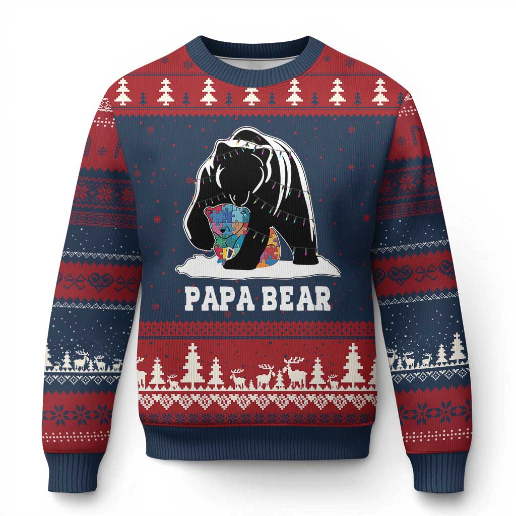 Autism Papa Bear Ugly Christmas Sweater Support Autistic Matching Family Dad TS02 Navy Red Print Your Wear