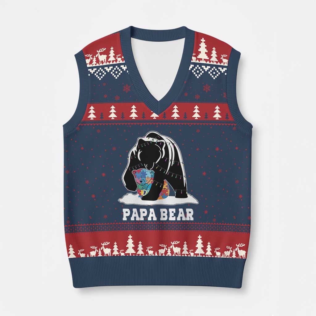 Autism Papa Bear V-Neck Knit Sweater Vest Support Autistic Matching Family Dad TS02 Navy Red Print Your Wear